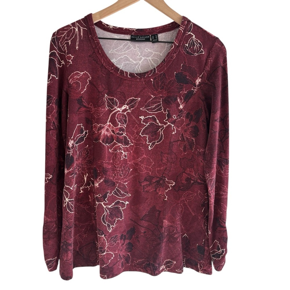 Susan Graver Weekend Printed Cotton Modal Tunic Top XS Wine Floral Pullover Boho